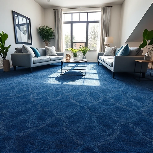 Carpet installation in Pflugerville TX featuring deep blue patterns in a stylish living room with modern decor.