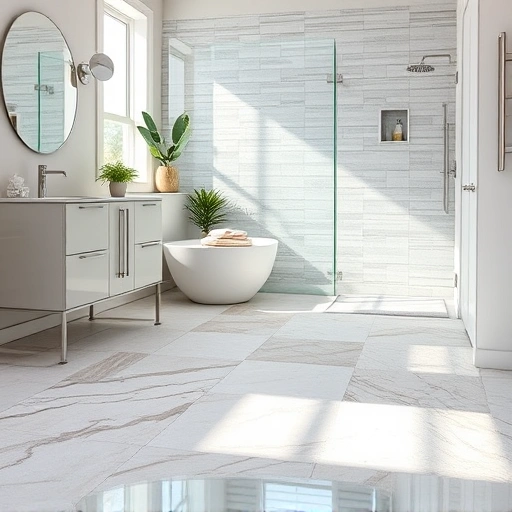 Completed bathroom flooring installation in Round Rock features elegant tiles, stylish fixtures, and natural light.