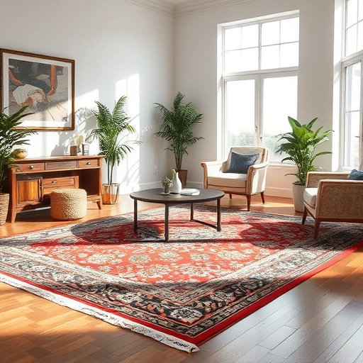 Colorful carpet with intricate patterns on polished wood floor in an elegant Georgetown room with tasteful decor.