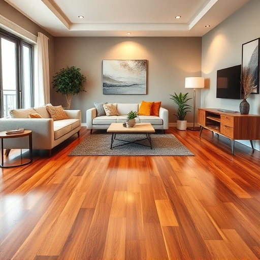 Beautifully polished hardwood flooring installation in Buda TX with contemporary furniture and warm, inviting ambiance.