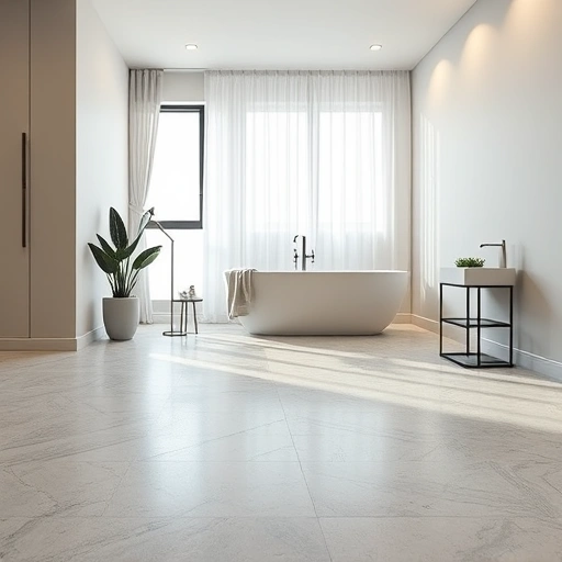 Modern bathroom flooring installation features textured porcelain tiles in gray and white, sleek tub, and warm lighting.