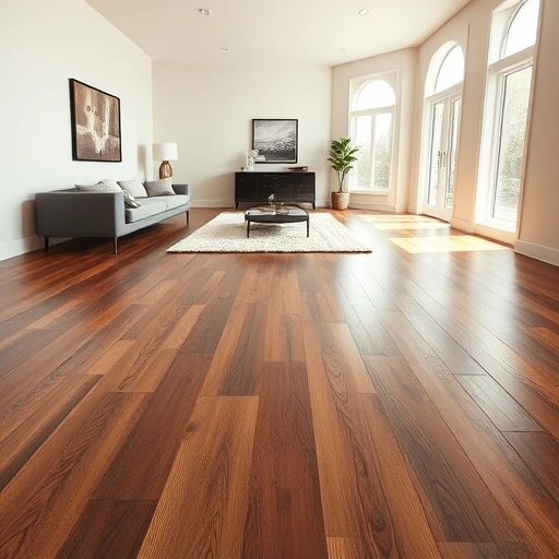Spacious room with rich wooden flooring, large windows, modern decor, and a plush rug creating an elegant atmosphere.