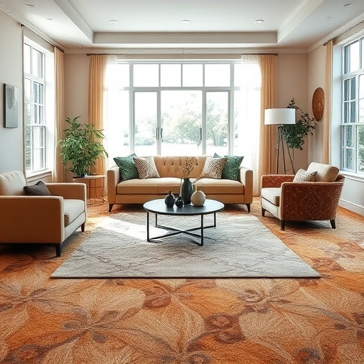Luxurious living room in Volente TX featuring intricate earth-toned carpet, elegant furniture, and natural light.