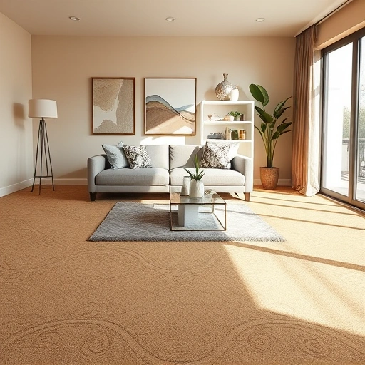 Completed carpet installation in a modern living room with warm tones, natural light, and stylish decor in Sunset Valley TX.