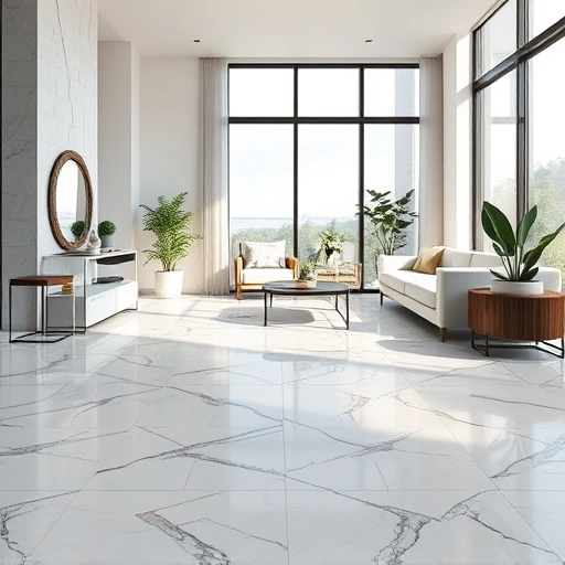 Marble tile flooring in Round Rock features intricate veining and glossy finish in a modern minimalist interior.