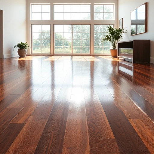 Spacious room with large windows, dark glossy hardwood flooring, seamless edges, elegant inlays, and neutral walls.