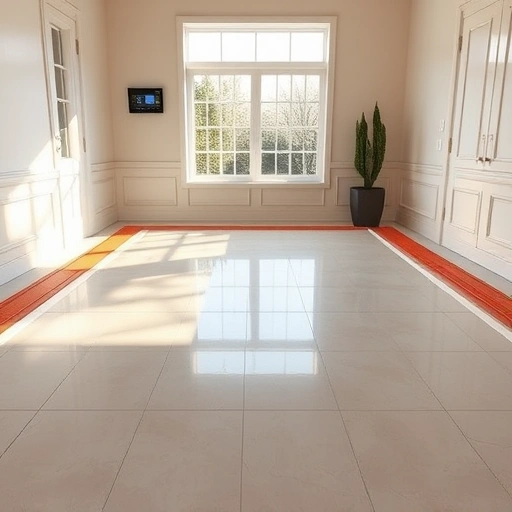 Radiant floor heating repair in Round Rock with sleek tiles, visible pipes, and a digital thermostat in a stylish room.