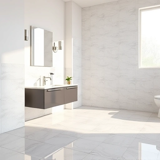Pristine bathroom with glossy grouted tiles in soft grays and whites, showcasing meticulous tile regrouting craftsmanship.