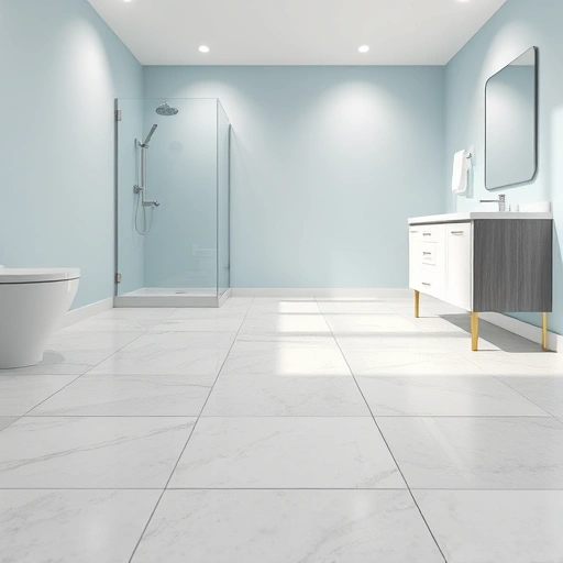 Completed bathroom floor waterproofing in Round Rock with sleek tiles, modern design, and elegant blue walls.