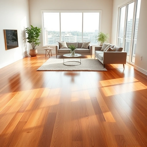 Elegant living room in Four Points TX with warm hardwood flooring, modern windows, and minimalist decor.