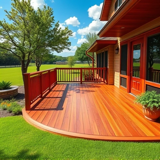 Completed wooden deck in Round Rock with rich mahogany, cedar tones, and lush landscaping under a clear blue sky.