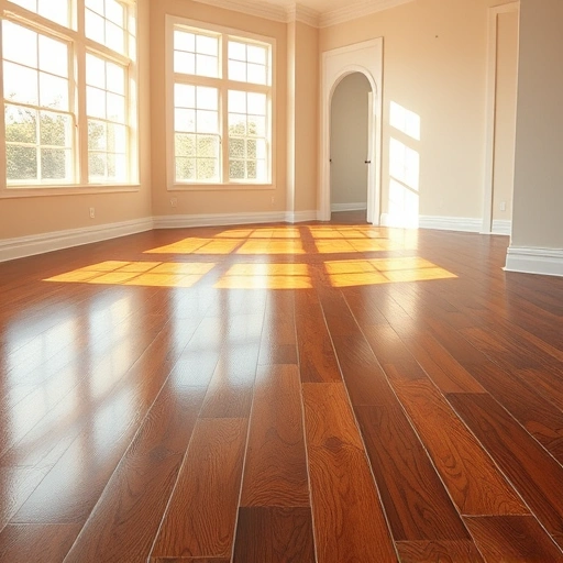 spacious room with polished hardwood floor reflecting warm light from large windows and showcasing intricate grain patterns