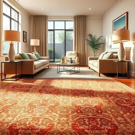 Beautifully installed carpet in Lago Vista living room with intricate patterns, vibrant colors, and warm lighting.