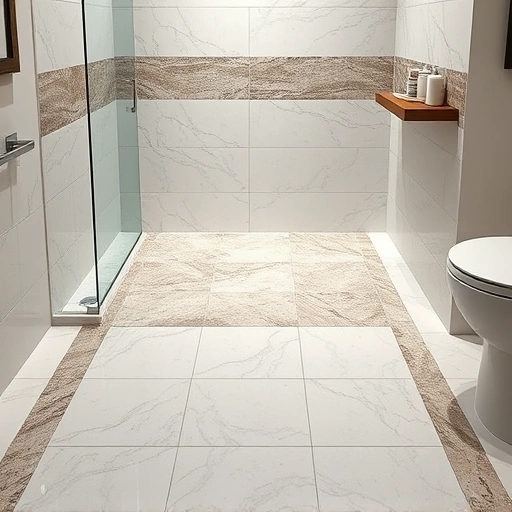 Shower floor tile installation in Round Rock features glossy porcelain tiles and stone accents in a modern bathroom.