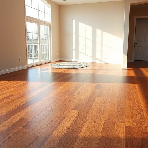 Spacious room with polished hardwood floors, natural light, warm oak tones, and a stylish area rug.