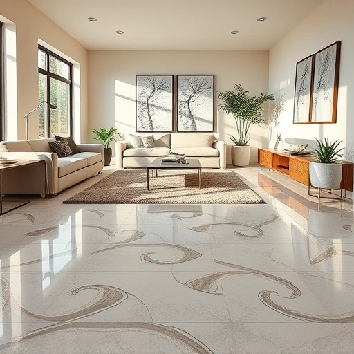Porcelain tile flooring installation in a modern living room with elegant furniture and natural light ambiance.