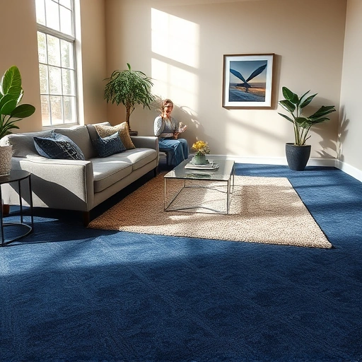 Luxurious living room in Brushy Creek TX with deep navy carpet, modern furniture, and natural light enhancing elegance.