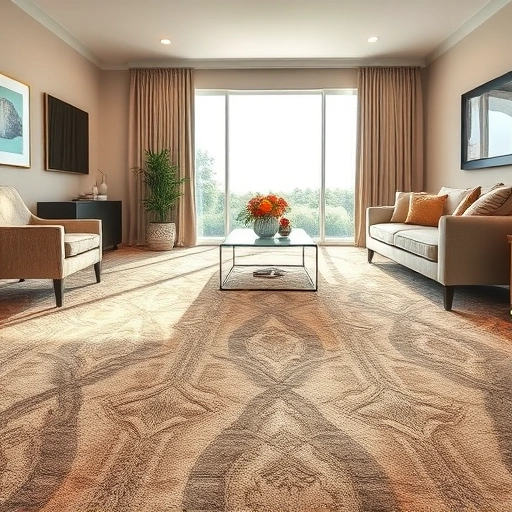 Completed carpet installation in a spacious living room with modern decor and natural light highlighting intricate patterns.