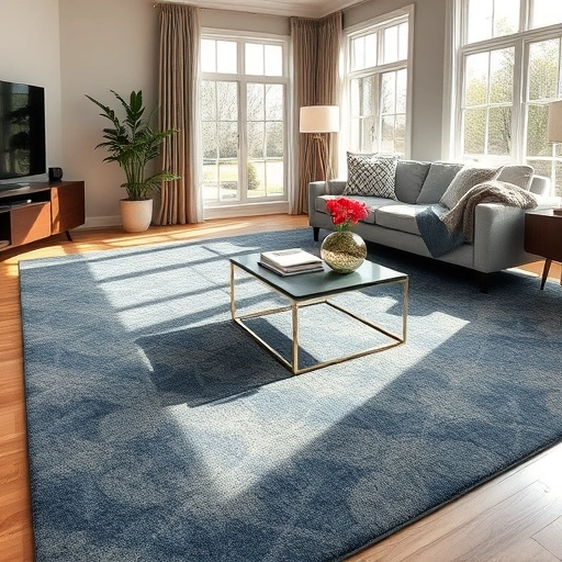 Luxurious living room in The Hills TX with deep blue and gray geometric carpet, sunlight, and elegant decor.