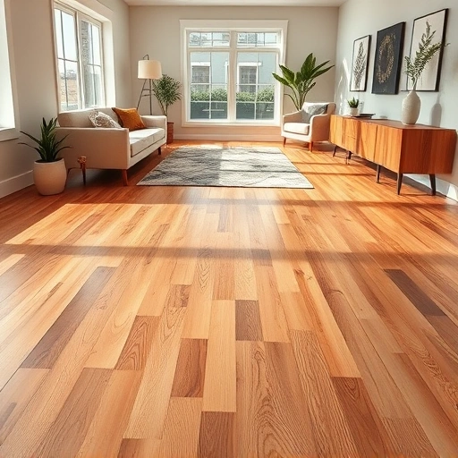 Completed hardwood flooring installation in a modern room with neutral walls, minimalist decor, and natural lighting.