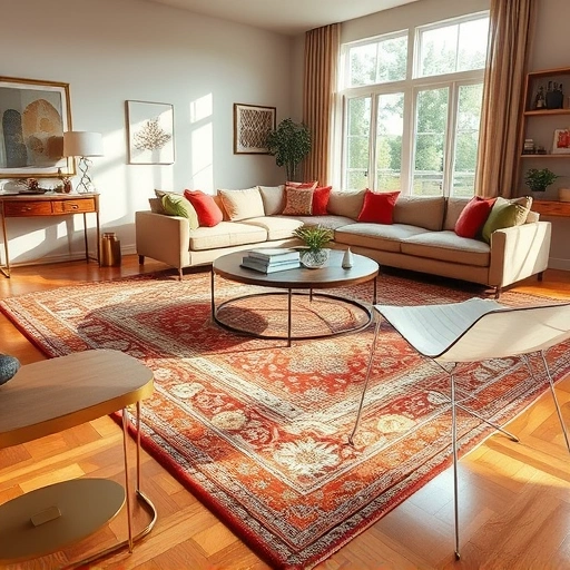 Completed carpet installation in a vibrant Austin living room with intricate patterns and modern decor elements.