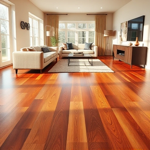 Elegant living room with polished hardwood floors, stylish furniture, and natural light creating a warm ambiance.