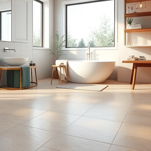 Heated bathroom floor installation in modern Round Rock bathroom with sleek design, ambient lighting, and freestanding tub.