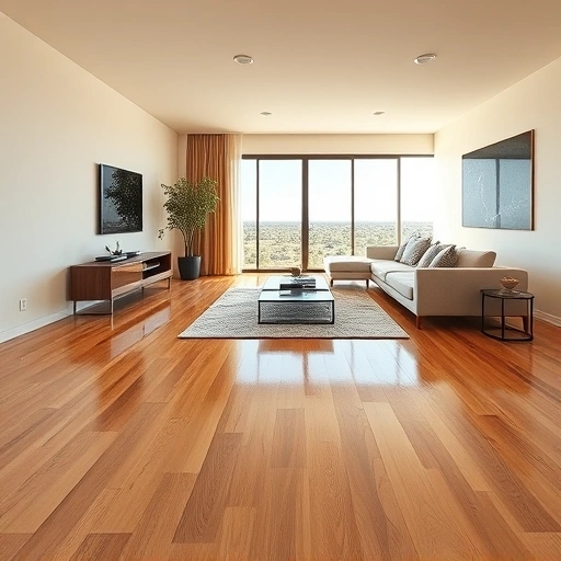 Spacious modern living room in Volente TX with gleaming hardwood floors and serene Texas landscape view.