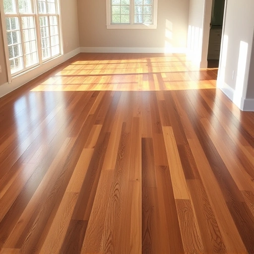 Spacious room with gleaming hardwood floors, warm tones, and seamless baseboard alignment, accented by neutral walls.
