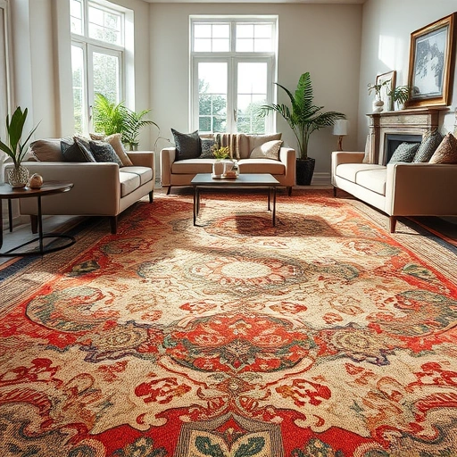 Completed carpet installation in a stylish living room in Four Points TX with vibrant colors and intricate patterns.