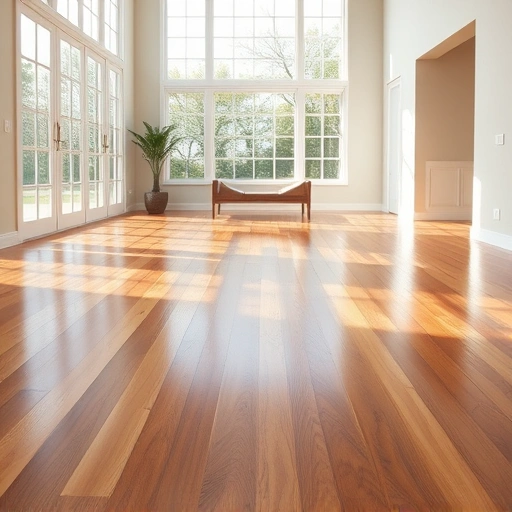 Spacious room with polished hardwood floors reflecting natural light from large windows and modern decor accents.