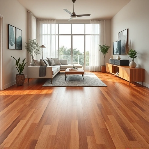 Completed hardwood flooring project in Hornsby Bend TX with polished surface and modern minimalist design elements.
