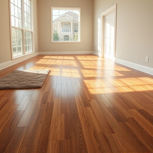 Spacious room with sunlight on a warm-toned hardwood floor, intricate grain, and a cozy area rug for added warmth.