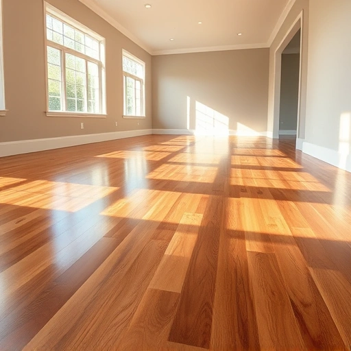Spacious room with polished hardwood floors reflecting light from large windows, showcasing rich wood tones and smooth grain.