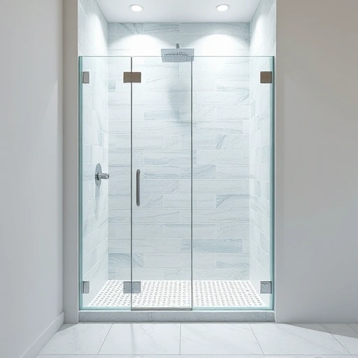 Completed shower waterproofing installation in Round Rock with soft blue and white tiles, sleek glass door, and mosaic floor.