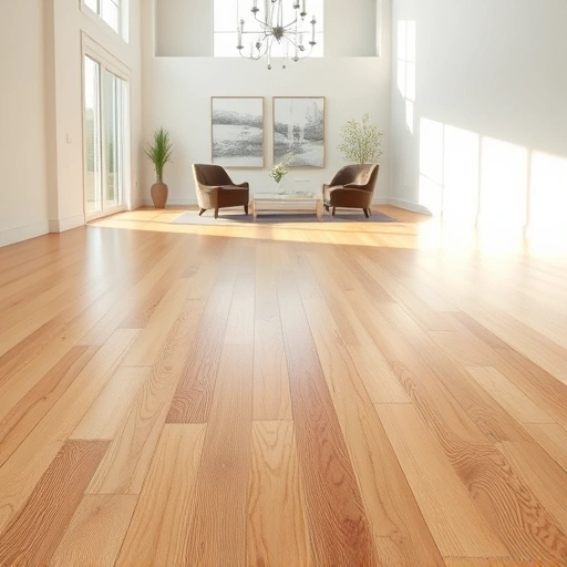Spacious room with polished hardwood floors, warm tones, minimalist decor, and natural light creating an inviting ambiance.