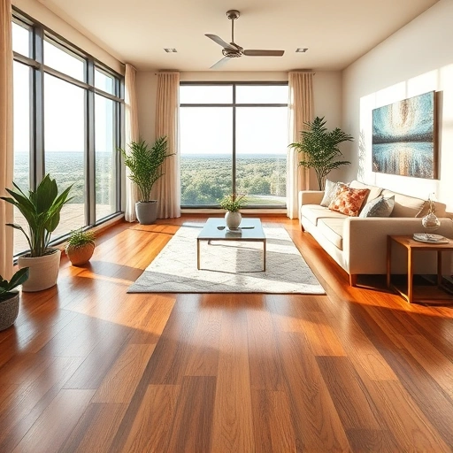 Spacious living room in Sunset Valley TX with warm hardwood flooring, modern decor, and floor-to-ceiling windows.