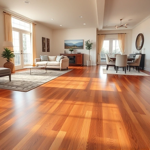 Polished hardwood flooring in a spacious living room-dining area, illuminated by natural light with elegant decor.