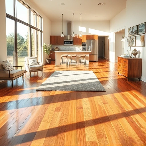 Spacious living area in Windemere TX featuring polished hardwood flooring and stylish area rug with modern kitchen backdrop.
