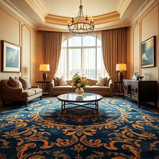 Luxurious living room in Windemere, TX with intricate blue and gold carpet, elegant decor, and warm lighting.