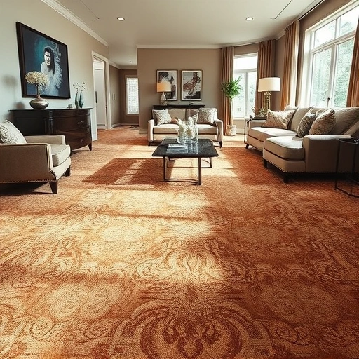 Carpet installation in a spacious living room in Rollingwood TX with elegant furniture and warm, inviting colors.
