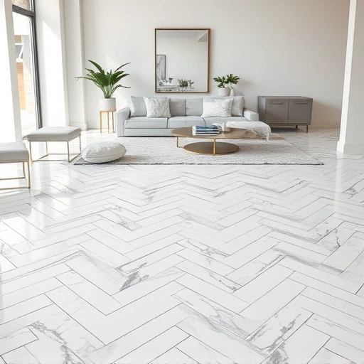 Elegant marble tile flooring in herringbone pattern, showcasing polished white and gray veined tiles in a minimalist interior.