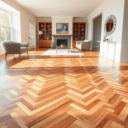 Perfectly installed hardwood flooring in herringbone pattern, showcasing rich wood grain in a modern living space.