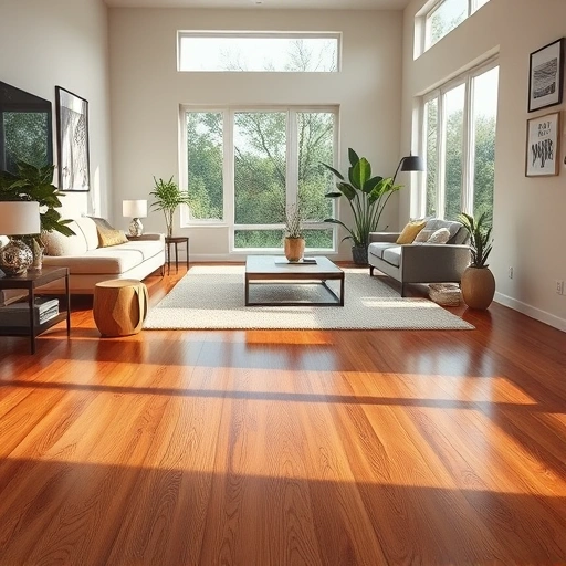 Completed hardwood flooring project in Sunset Valley TX, showcasing warm tones, elegant furnishings, and natural lighting.