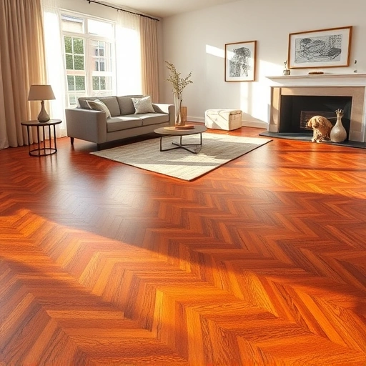 Completed flooring installation in a modern Georgetown living room with polished herringbone hardwood and minimalist decor.