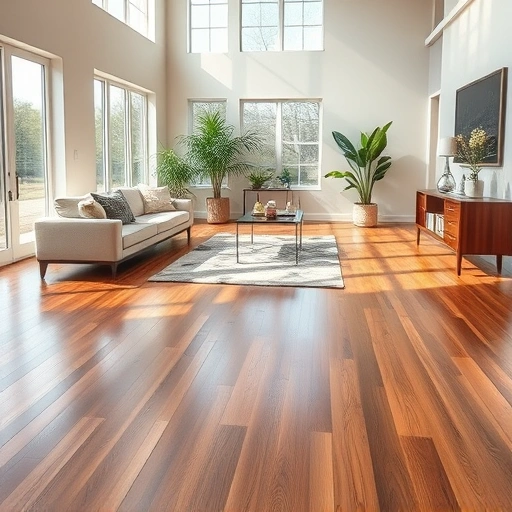 Spacious living room in Volente, TX with polished hardwood floors, elegant rugs, and modern decor under natural light.