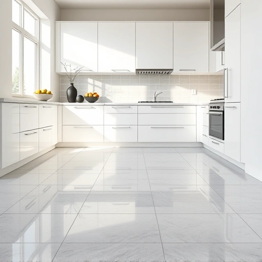 Pristine kitchen with sleek light gray and white tile flooring, clean grout lines, and elegant accessories in Round Rock.