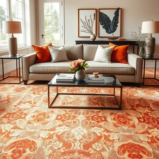 Luxurious living room with intricate patterned carpet, modern sofa, and elegant decor in warm colors and natural light.