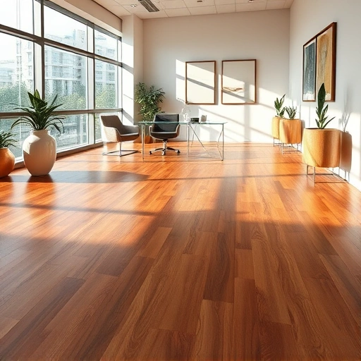 Polished hardwood floors in a modern office with minimalistic furniture and contemporary artwork create a sophisticated atmosphere.