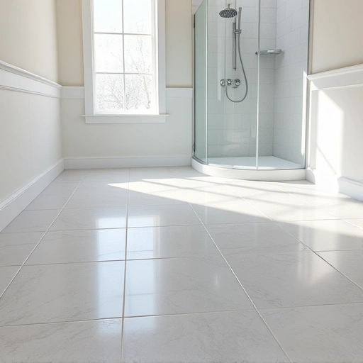 Bathroom floor waterproofing in Round Rock with polished gray tiles, seamless membrane, and elegant pastel walls.